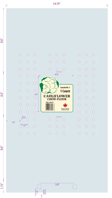 Friesen Plastics stock cauliflower bag drawing: 14.25 inch wide bag with a 6 inch bottom gusset, printed Canada No. 1 cauliflower label and the custom vent-hole punch pattern
