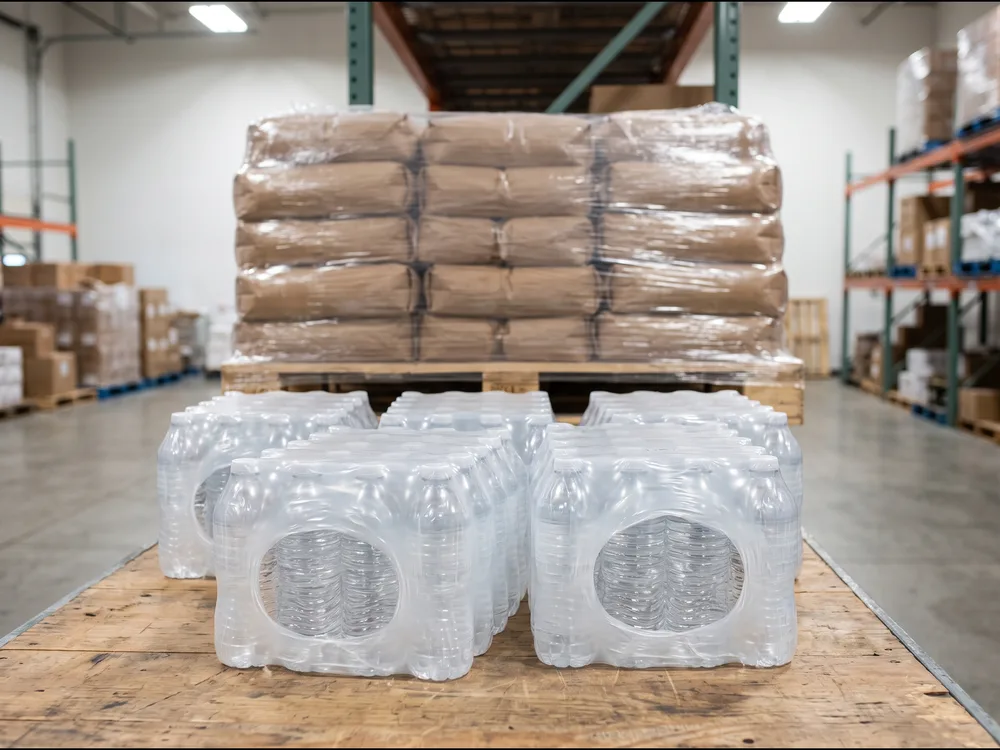Bottled water bundles and bagged flour wrapped in clear polyethylene heat shrink film
