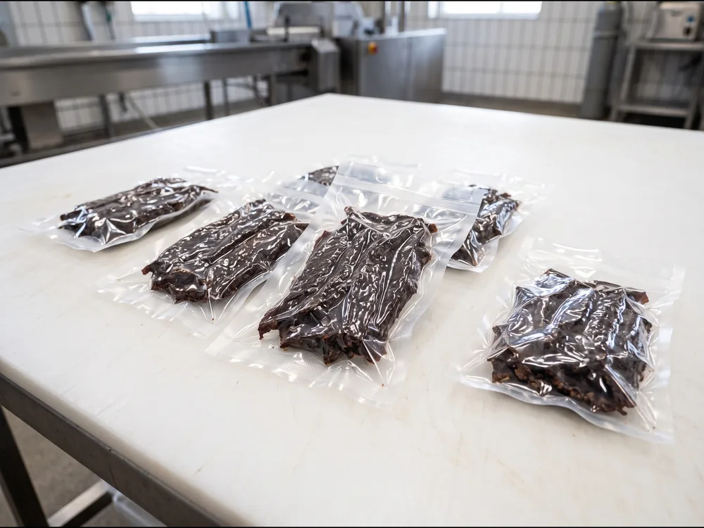 Beef jerky in clear vacuum-sealed bags laying flat on a white UHMW table
