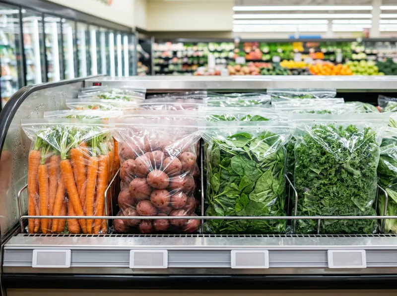 Carrots, potatoes, apples and onions in clear vented poly bags