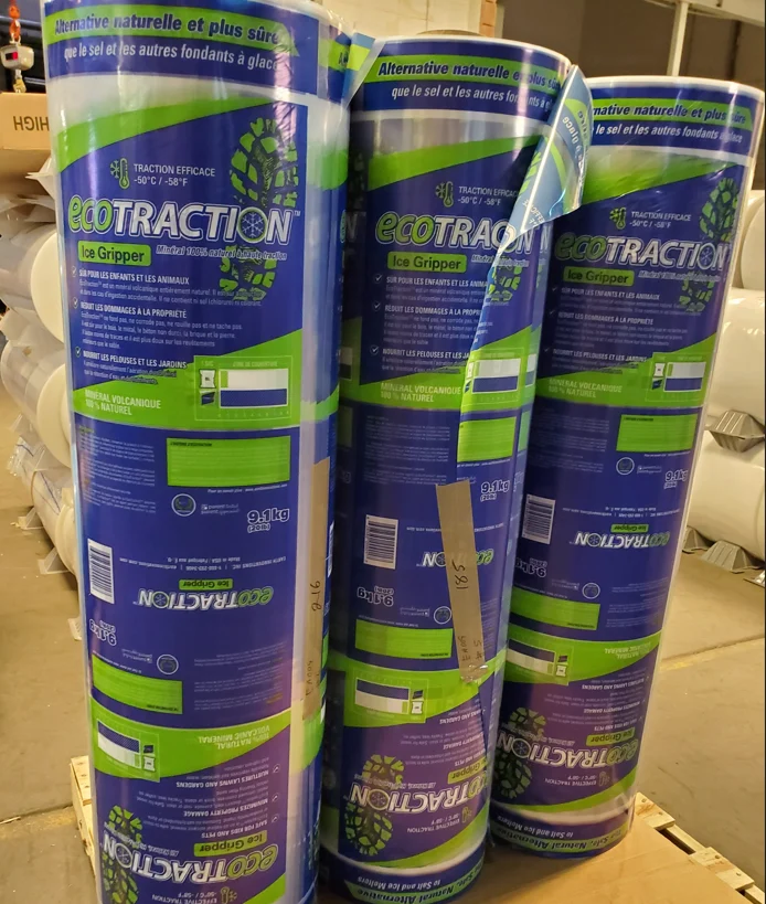 Printed bilingual rollstock for 9.1 kg (20 lb) mineral traction product bags, on a pallet